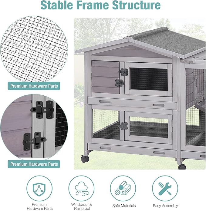 Indoor Rabbit Hutch with Pull-Out Tray, Weatherproof Rabbit Cage for Outdoor/Indoor Use, Bunny Hutch Chicken Coop with Run (Grey)