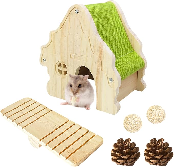 Wooden Hamster Platform and Dwarf Hamster House, Cute Syrian Tiny House Hideout, Small Animal Pet DIY Accessories for Rats, Gerbils & Small Pets (Detachable)