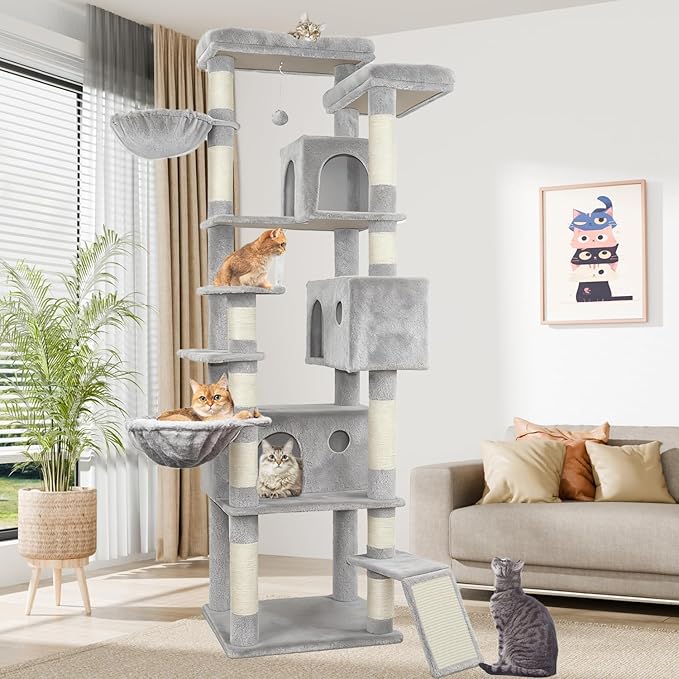 84.6" Multi-Level Tall Cat Tree Tower for Indoor Kitties Larger Cat Condo Furniture with Hammock Cozy Perches Sisal Scratching Posts XXL Pet House (84.6 inch Light Gray)