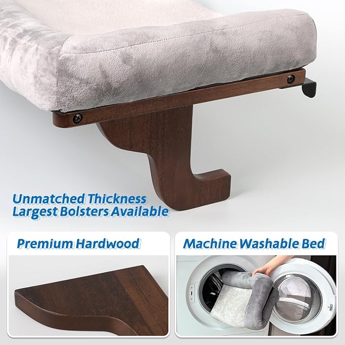 Zakkart Cat Perch for Window Sill with Bolster - Orthopedic Hammock Design with Premium Hardwood & Robust Metal Frame - Cat Window Seat for Large Cats and Kittens - Dark Stained Wood with Gray Bed