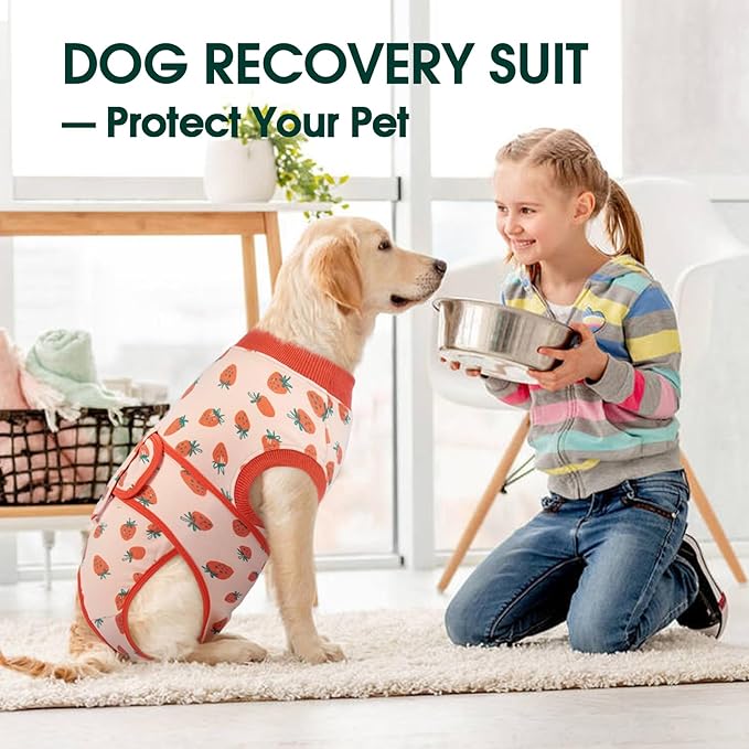 Kuoser Dog Recovery Suit for Female Male Dogs, Post-Surgery Bodysuit for Spay Neuter, Dog Onesie After Surgery, Anti-Licking Pet Surgical Recovery Suit, PinkStrawberry XL