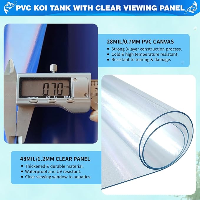 PVC KOI Aquarium Tank, Temporary Fish Tank with Clear Viewing Panel, KOI/Goldfish Pond with 304SS Frame & Drain Valve(59.0" L*31.5" W*27.6" H, About 200Gal Water Capacity)