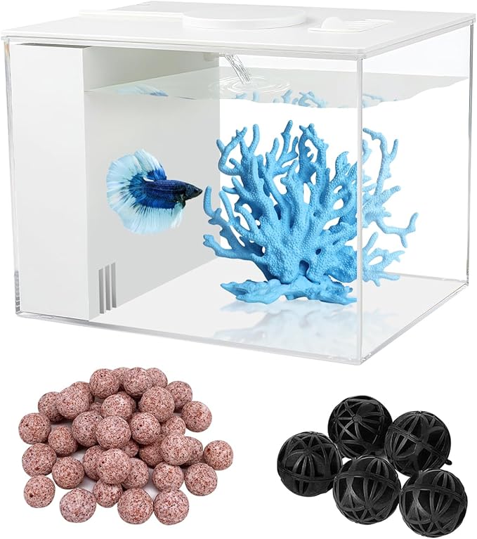 Fish Tank Betta Starter Kit 1 Gallon Desktop Small Aquarium Kit with LED Light and Filter Media & Water Pump– Compact Aquarium for Betta Fish, Small Fish, Shrimp, or Plants