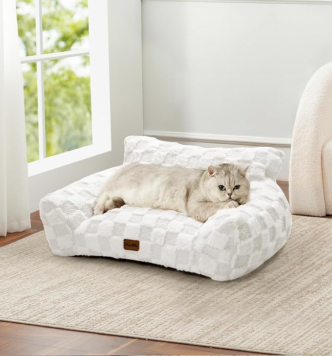 MADE 4 PETS Cat and Dog Indoor Couch Bed, Soft Faux Fur Checkered Pet Sofa, Cozy Fluffy Pet Sofa with Supportive Foam, Removable Washable Cover with Non-Slip Base, White, Medium