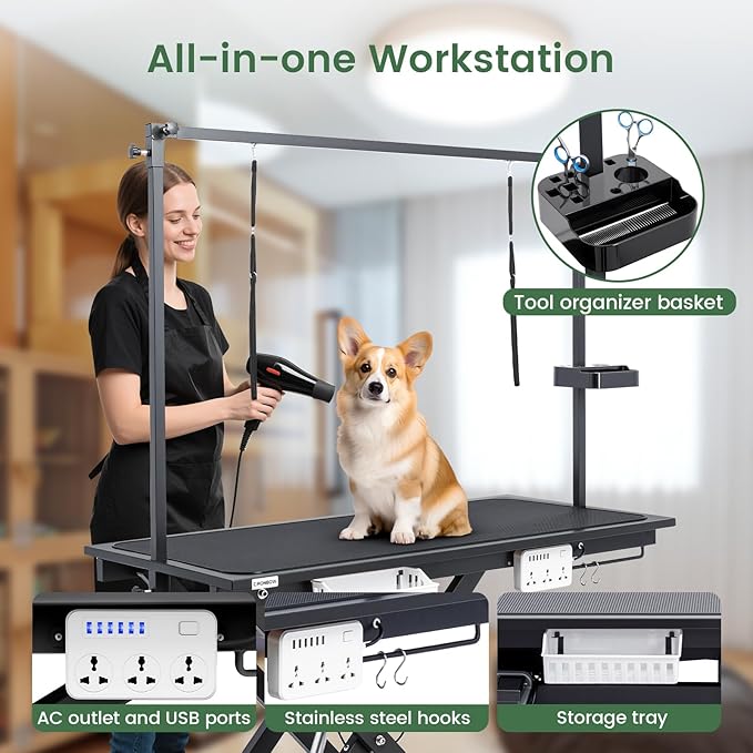 Electric Lift Pet Dog Grooming Table, 50Inch Height Adjustable Grooming Table for Large Dogs with Two Nooses, Wireless Remote, Tool Organizer, Black