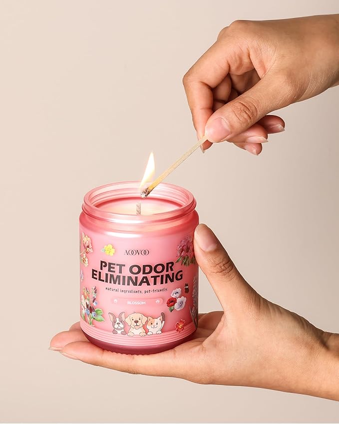 AOOVOO Pet Odor Eliminator Candle - Blossom Odor Eliminating Candle, Highly Fragranced Air Freshing Scented Candles, Natural Soy Wax, 9 oz
