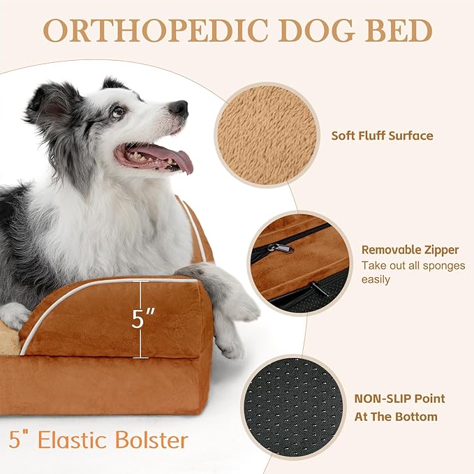 Comfort Expression Waterproof Dog Bed, XXL Dog Bed Orthopedic Foam, Waterproof Pet Sofa Couch with Washable Removable Cover & Non-Slip Bottom(XX-Large,Caramel)