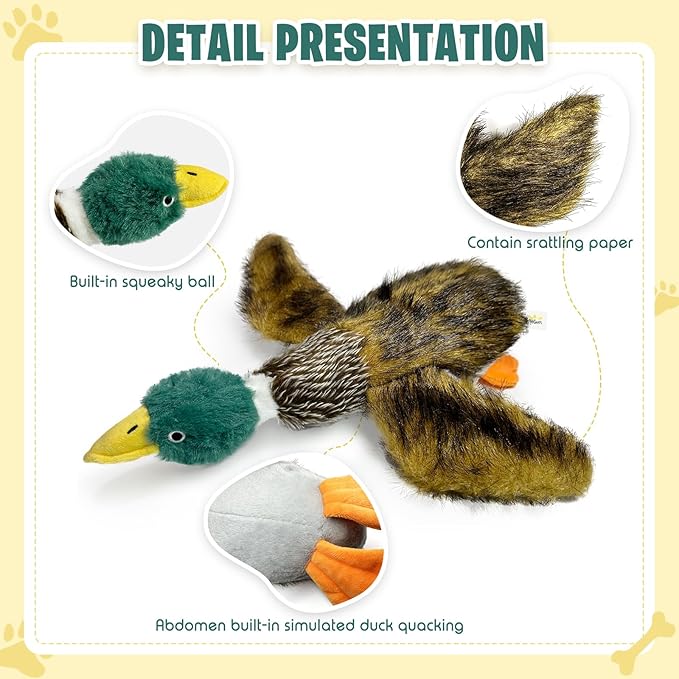 Upgraded Duck Dog Toy - 15.7inches, for Small to Large Breeds - Squeaker and Crinkle Paper Plush Mallard Duck Toy