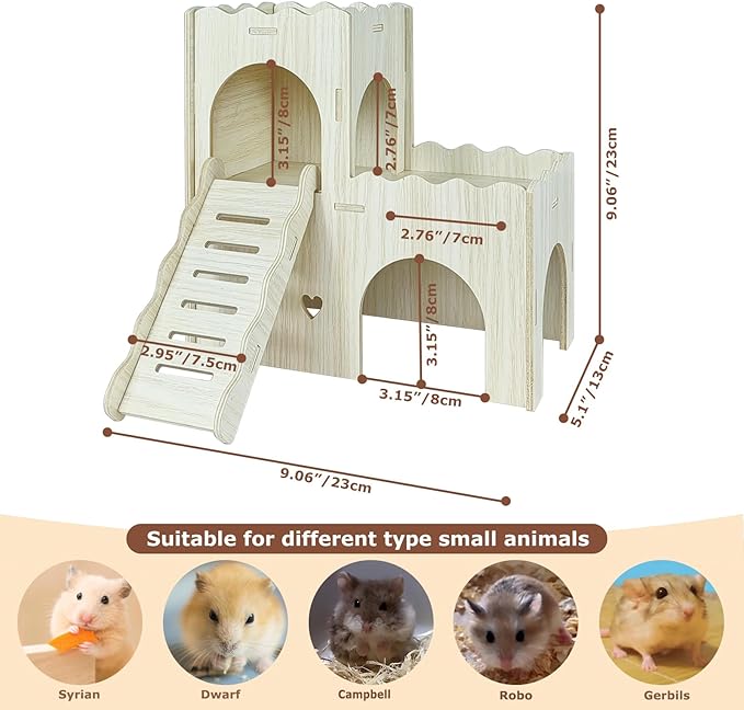 Wood Hamster Hideout House Habitat Wooden Maze Hide Hut with Platform Cage Accessories Toys for Syrian Dwarf Gerbils Mouse Mice Rat Other Small Animals etc. (02 Wave House)