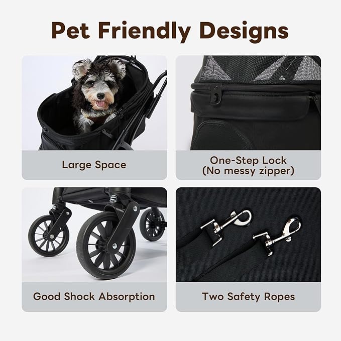Foldable Pet Stroller,4 Wheels Pet Strolling Cart for Small Dogs Cats up to 44 Lbs, Pet Travel Carrier Strolling Cart with Storage Basket, Portable Dog Cat Stroller with Breathable Mesh, Black