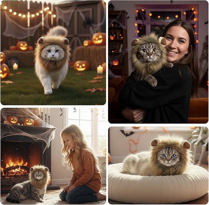 Cat Halloween Costumes - Adjustable Lion Mane Wig Pet Costumes for Cats (M)