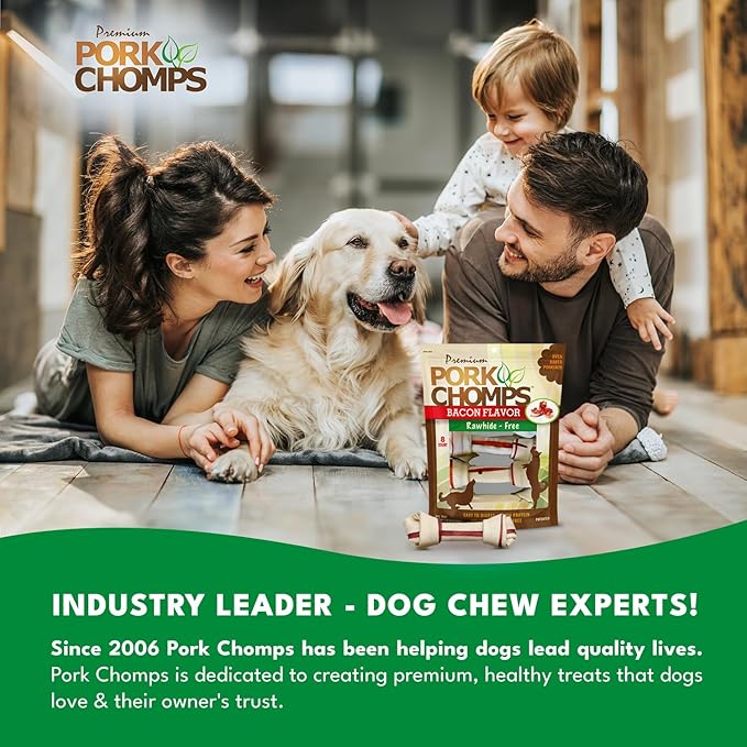 Pork Chomps Baked Pork Skin Dog Chews, 6-inch Knots, Bacon Flavor Strip, 8 Count