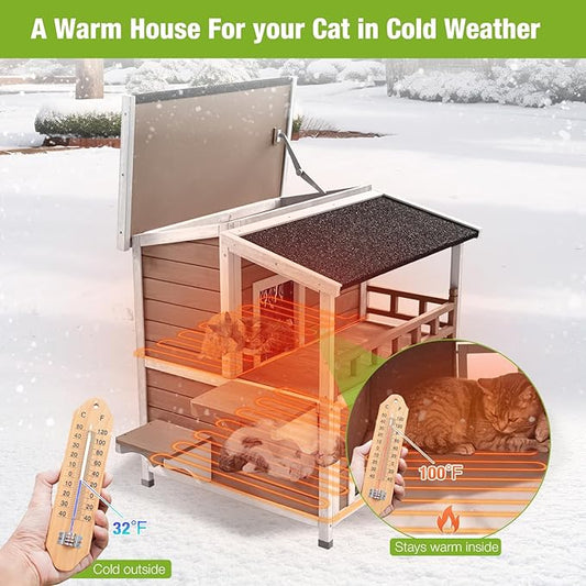 GUTINNEEN Heated Cat House for Outside, 2-Story Wooden Cat House Weatherproof for Winter Outdoor Feral Cat Shelter with Heater and Insulated Liner, Brown