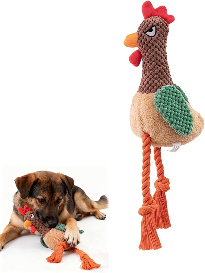 Plush Rooster Dog Toy with Squeaker, Interactive Rope Legs for Small and Medium Dogs, Multicolor Tug and Fetch Chew Toy
