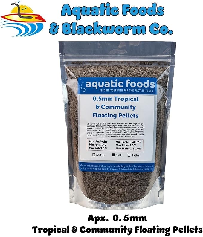 Aquatic Foods Inc. 0.5mm - 1/64" Tropical & Community Fish Floating Micro Pellets for Tetras, Guppies, Angel Fish, Small Cichlids, Goldfish. All Tropical Fish. - WL…1-lb Foil Pouch Bag