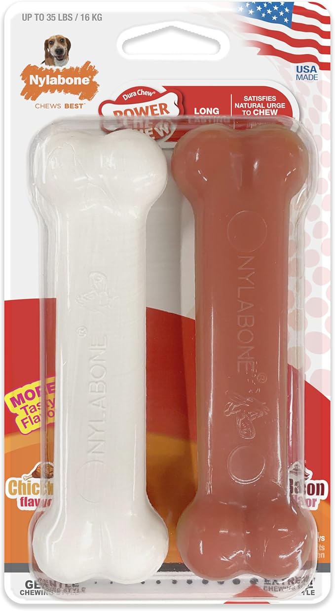 Nylabone Original Bone Power Chew Toy for Dogs, Durable Dog Toys for Aggressive Chewers, Basted Blast Bacon & Chicken Flavor, Medium - Up to 35 lbs, 2 Pack