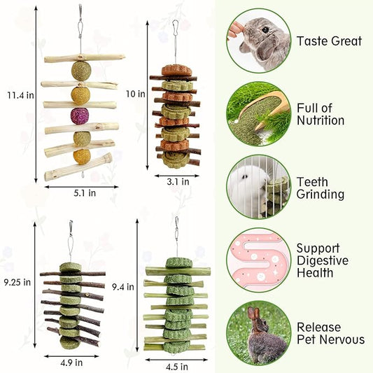 Hamiledyi 4PCS Bunny Chew Toys Rabbit Toys for Teeth Grinding Natural Fruit Sticks Timothy Grass Small Animal Chew Toys and Treats for Guinea Pig Hamster Chinchilla Squirrel