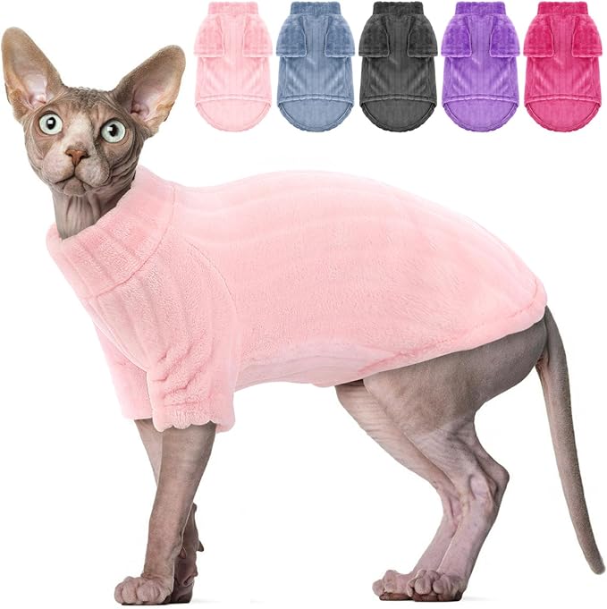 SUNFURA Sweaters for Cats, Hairless Sphynx Sweater Kitten Pullover with Sleeves, Warm and Soft Cat Pajamas Fleece Sweatshirt Jumpsuit, Turtleneck Clothes for Fall Winter, Pink M