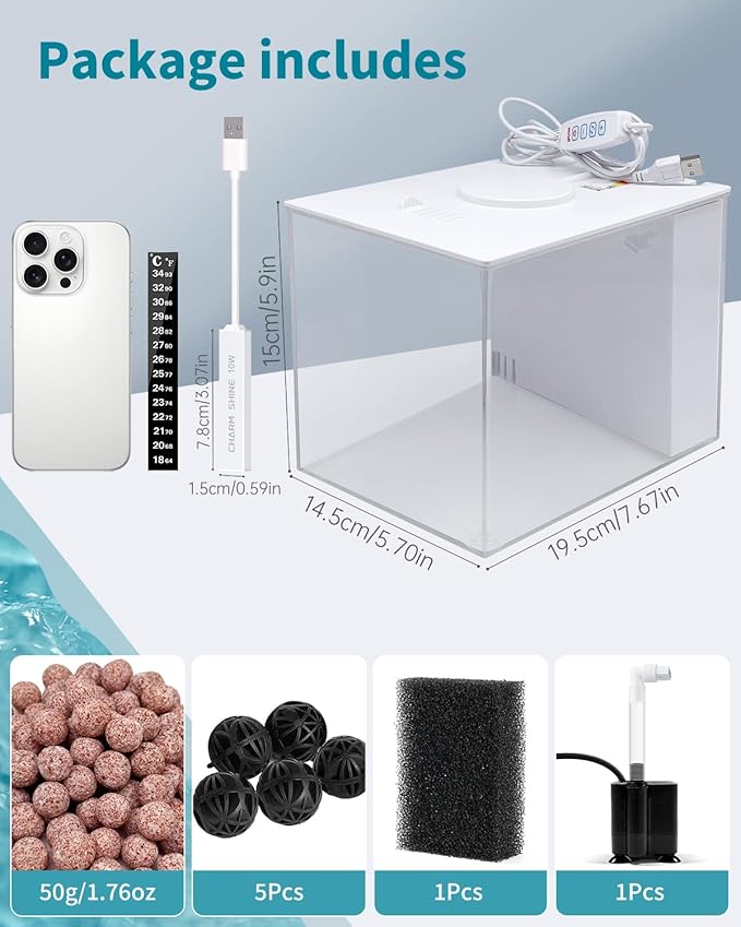 Fish Tank Betta Starter Kit 1 Gallon Desktop Small Aquarium Kit with 10W Heater LED Light and Filter Media & Water Pump– Compact Aquarium for Betta Fish, Small Fish, Shrimp, or Plants