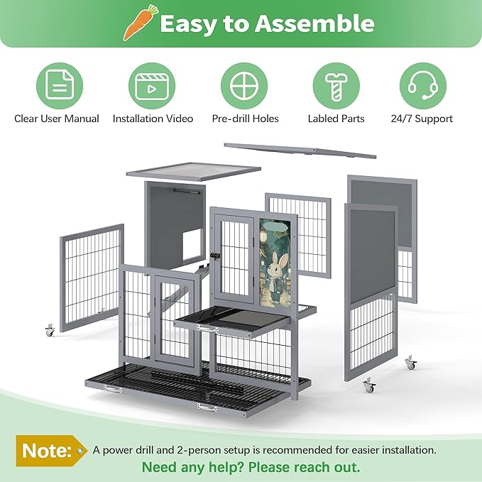 COZIWOW Rabbit Hutch Indoor with Wire Bottom, 2-Level Large Wooden Bunny Cage on Wheels Outdoor for Multiple Small Animals, Grey + Colorful Patterns