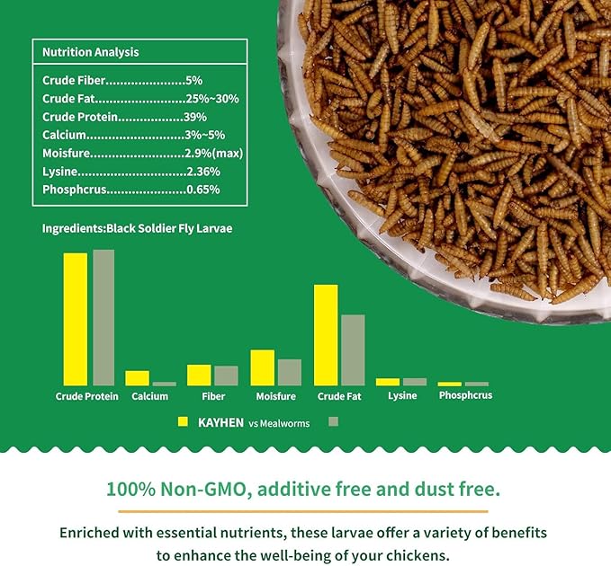 KAYHEN Dried Black Soldier Fly Larvae 10LB Non-GMO BSF Larvae for Chickens More Calcium Than Mealworms High-Protein Chickens Treats for Layer Hens Wild Birds Ducks