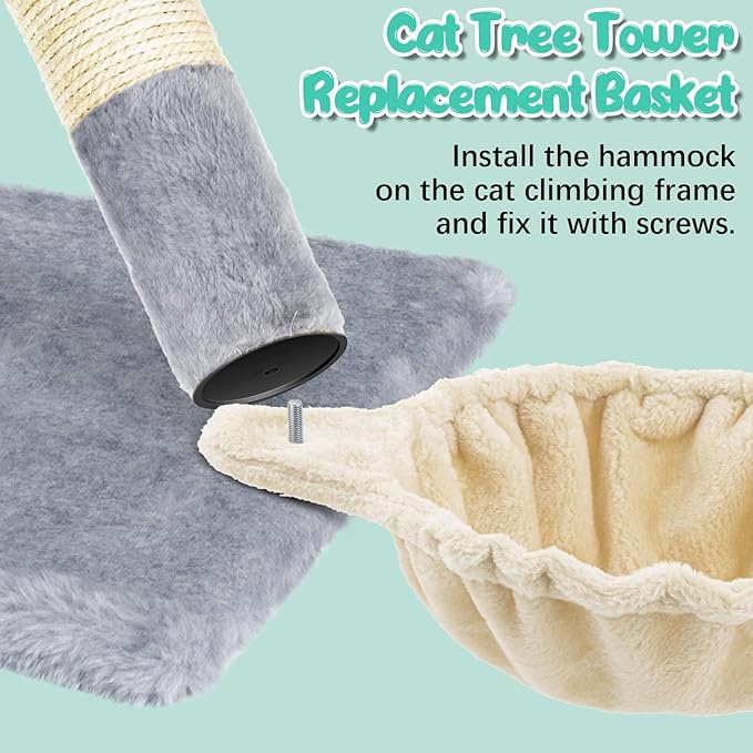 3 Pack 14.6" Large Cat Tree Hammock Basket Bed Lounger Tower Replacement Parts with 6 Pcs Hanging Elastic Strings Pom Pom Toys, Cat Tree Accessories Hammock Attachment (Beige)