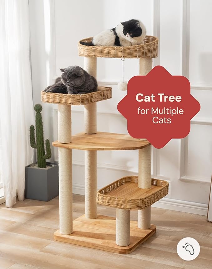 SHENGOCASE Modern Natural Wood Wooden Cat Tree Tower, 3 Large Rattan Wicker Basket Perch Beds with Cozy Cushion Sisal Scratching Post, Window View Design, for Cats up to 20 lbs