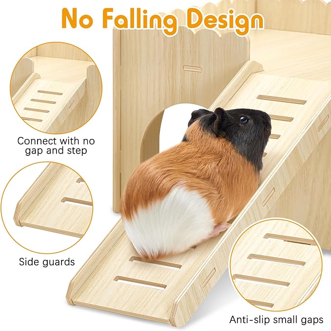 BNOSDM Large Wooden Guinea Pig Hideout with Ramp & Loft 2 Tier Detachable Cavy Castle 4 Door Upgraded Small Animal House Habitat Dwarf Rabbit Climbing Toy Accessories for Cage