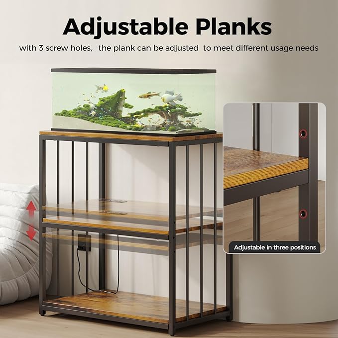 20 Gallon Fish Tank Stand with Power Outlet, Aquarium Stand with Shelf, Metal Reptile Terrarium Tank Stand, 3-Tier Adjustable Storage Shelves, 28''L×15.7''W×30''H, Retro Brown