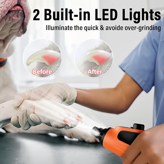 Casfuy Smart 6-Speed Dog Nail Grinder - 50% More Power Pet Nail Grinder with 2 LED Lights Quiet Rechargeable Electric Dog Nail Trimmers File Toenail Grinder for Large Medium Small Dogs & Cats(Orange)