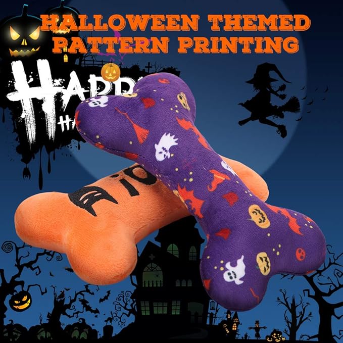 SCENEREAL Halloween Dog Toy for Small Medium Large Sized Dogs- 4Pack Plush Dog Squeaky Toys, Interactive Bone Dog Toys, Puppy Chew Toys for Indoor Outdoor Training