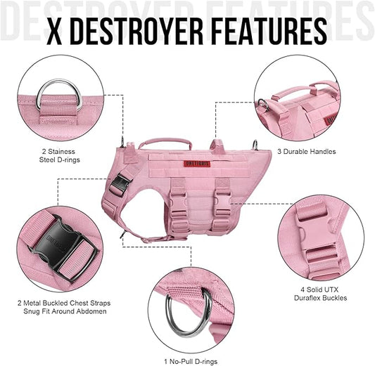 OneTigris Large Tactical Dog Harness, No Pulling Adjustable Dog Vest Harness, Heavy Duty Dog Harness with Handle, Large Hook and Loop Panels for Patch(Pink,S