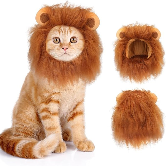 Cat Halloween Costumes - Lion Mane Wig for Cats & Puppies, Adjustable Pet Cosplay Apparel Kitten Outfits for Halloween Christmas Cat Birthday Party (Brown)