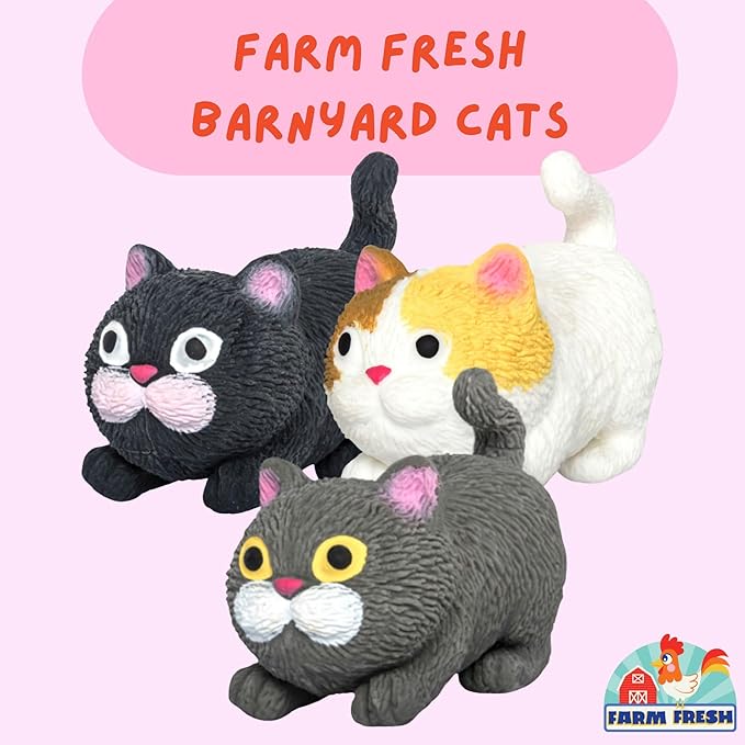 Farm Fresh Barnyard Cats – 3-Pack Mini Cat Fidget Toys for Kids – Soft Silicone Animal Squishies in White, Black & Grey – Squeeze Toy Set in Carrier Boxes – Party Favor, Gift for Girls and Boys