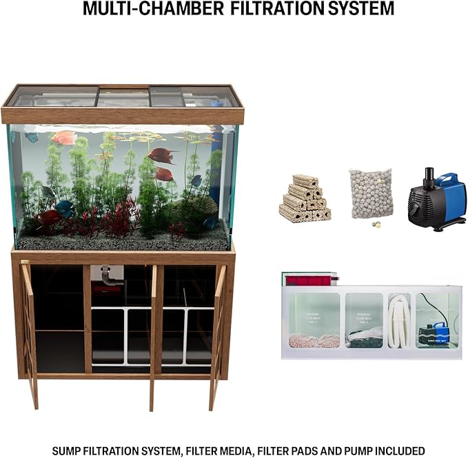 175 Gallon Aquarium Fish Tank with Upright Fishtank Stand Water Pump Freshwater Filter LED Bundle and Straight Corners Clear Glass - Brown Wood Finish