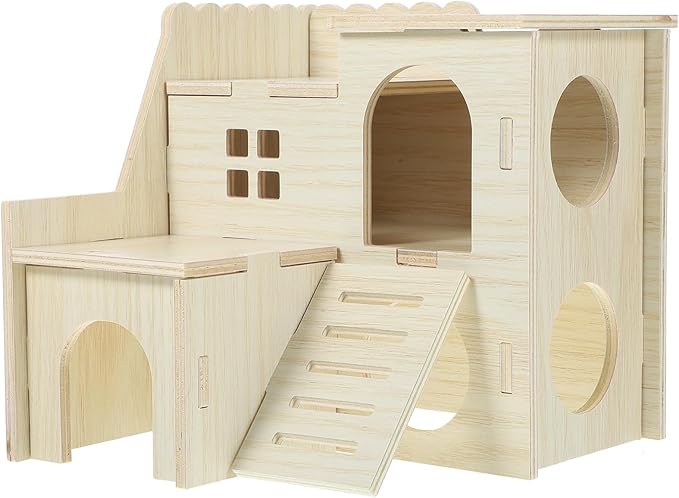 LOGOFUN Wooden Hamster Hideout Castle Multi-Chamber Hide Hut with Climbing Ladder for Chinchillas Guinea Pigs Small Pet Cage Accessories - 6 * 5 * 5in