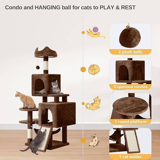 DWVO 54 in Multi-Level Cat Tower: Cats Tree for Indoor Kittens, Pet Furniture with Kitty Condos, Sisal Scratching Posts, Plush Perches, Cozy Hammock, Brown