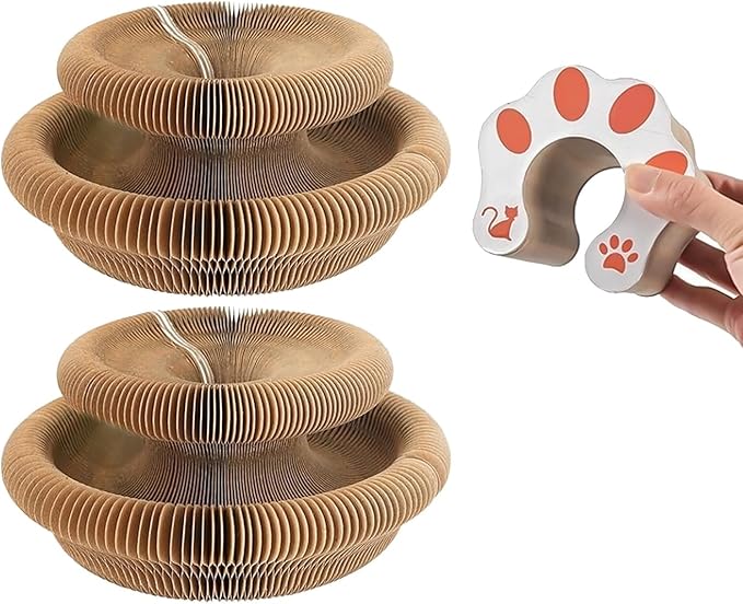 2 PCS Kitty Curls Cat Scratcher, Foldable Magnetic Cat Toy Scratching Board with Bell Balls, Reversible Corrugated Cardboard for Claw Care and Furniture Protection