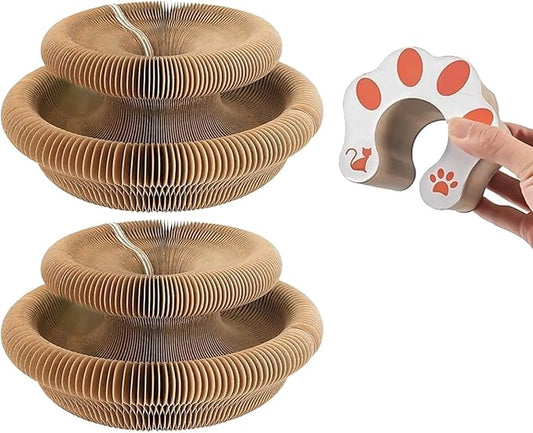 2 PCS Kitty Curls Cat Scratcher, Foldable Magnetic Cat Toy Scratching Board with Bell Balls, Reversible Corrugated Cardboard for Claw Care and Furniture Protection