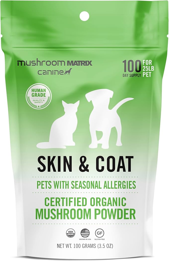 Om Mushroom Matrix Pet - Canine | Skin & Coat | USA Grown Human-Grade Organic Mushroom Powder Pet Supplement | Seasonal Allergy Skin & Coat Support for Dogs & Cats | 100 Grams, 3.5 oz