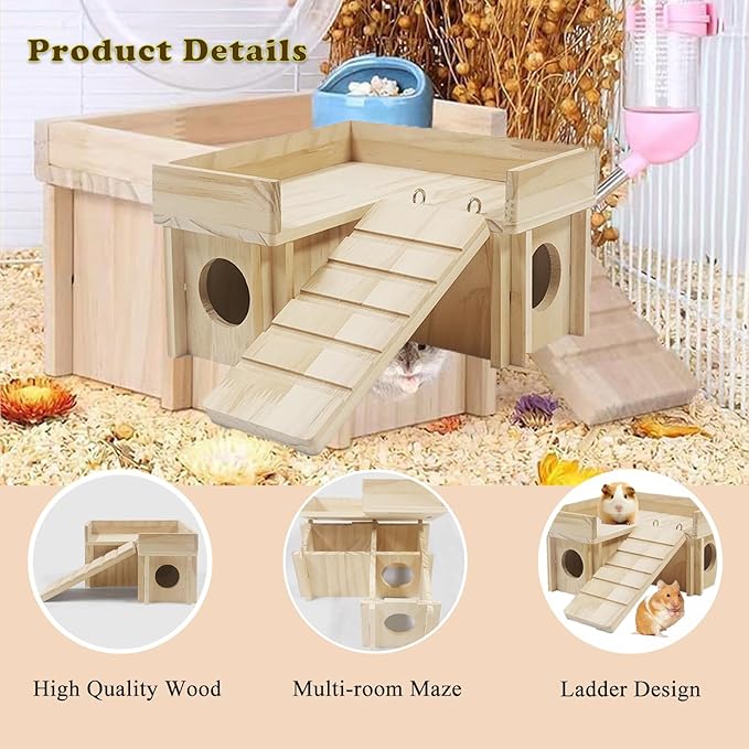 Natural Wood Small Pet Hideout with Climbing Ladder & Multi-Room Maze Sturdy Hamster House for Chinchilla, Sugar Gliders, Dwarf Hamster No Tools Assembly Cage Accessory