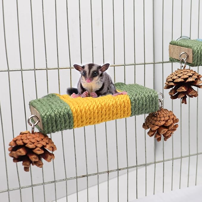 Sugar Glider Cage Accessories, 2 Pack Cage Platform with Rope and Pine Cone Decor, Standing & Climbing Toy, Relax Platform for Sugar Glider, Squirrel, Rat and Other Small Animals