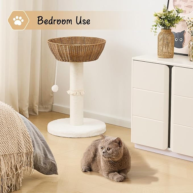Cat Tree Tower, Handwoven Cat Condo with Nest Basket Bed, Cotton Scratching Post, Funny Hanging Toy Ball, 2 Sides Cushion Top Perch, Rattan