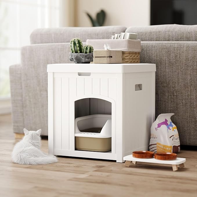 Outdoor Cat House for Winter Waterproof, Outside Multiple Feral Kitty Cat Houses, Outdoor Cat Litter Box Enclosure Weatherproof, Small Medium Dogs House, Durable Resin Plastic, White
