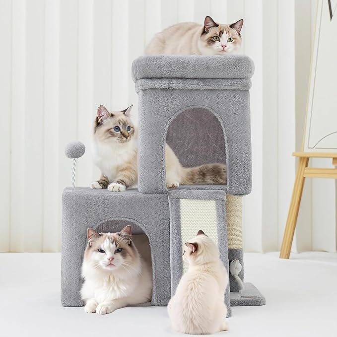 24inch Tall Cat Tree with 2 Cat Condo and Mouse Toy Cozy Small Cat Tower with Scratching Post and Board for Kitties and Small Cats.（Light Grey） (22 * 13 * 28)