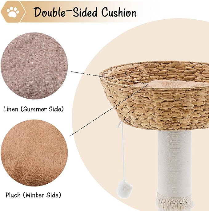 Cat Tree Tower, Natural Material Cat Condo with Handwoven Nest Basket Bed, Cotton Scratching Post, Funny Hanging Toy Ball, 2 Sides Cushion Top Perch, Water Hyacinth