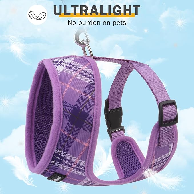 SCENEREAL No Pull Dog Harness Collar and Leash Set Small Medium Sized Dog, Soft Mesh Step in Puppy Harnesses, No Chock Plaid Adjustible Pet Vest for Outdoor Walking Training and Running, Purple S