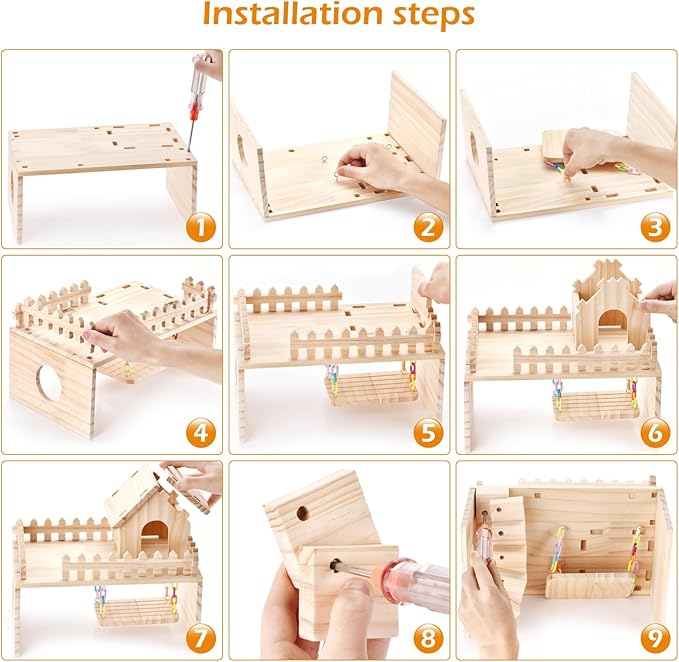 Wooden Hamster Hiding Place, Hamster Cabin with Ladder, Swing Platform Decoration, Detachable Small Animal cage Accessories, Suitable for mice, Sand Rats and Other Small Pets