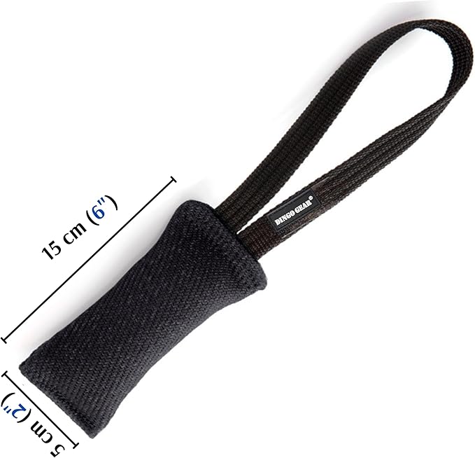 Dingo Gear French Linen tug Toy for Dog, Dog Bumper for Training, Agility, tug of war, Dog bite Pillow for Strong Dog, 1handle 6" Black S00072