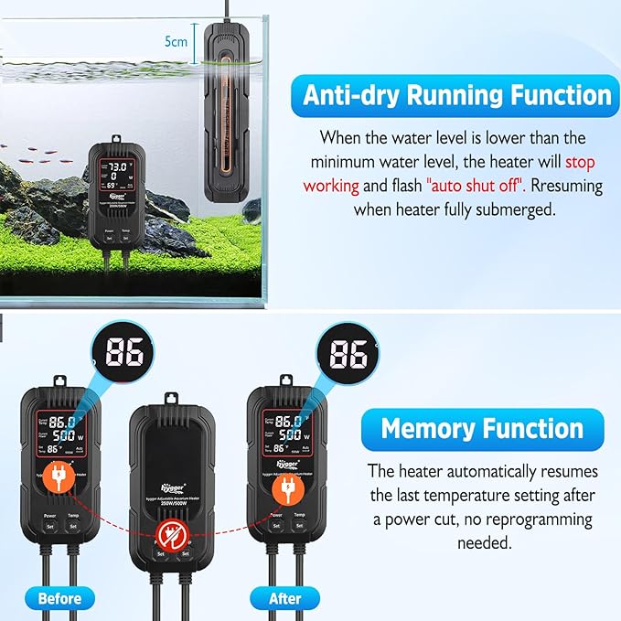 hygger Aquarium Heater, Adjustable Power 250W/500W Fish Tank Heater with Intelligent LED Digital Display Controller, High-Temperature & Off-Water Protection, for 50-106 Gallon Saltwater and Freshwater